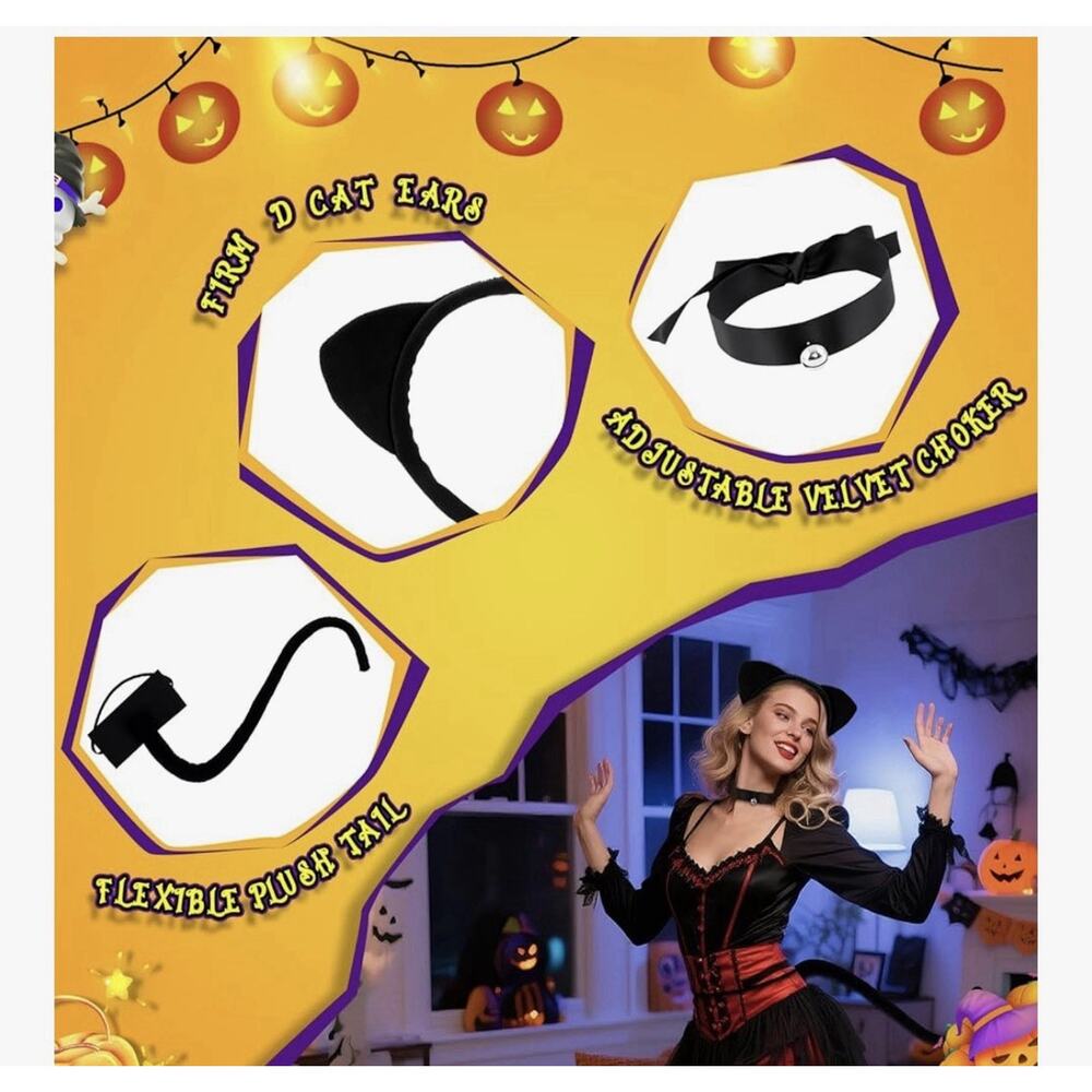 3PCS Cat Costume Accessories Set, Black Ears - Tail - Collar Women’s New - Picture 2 of 3